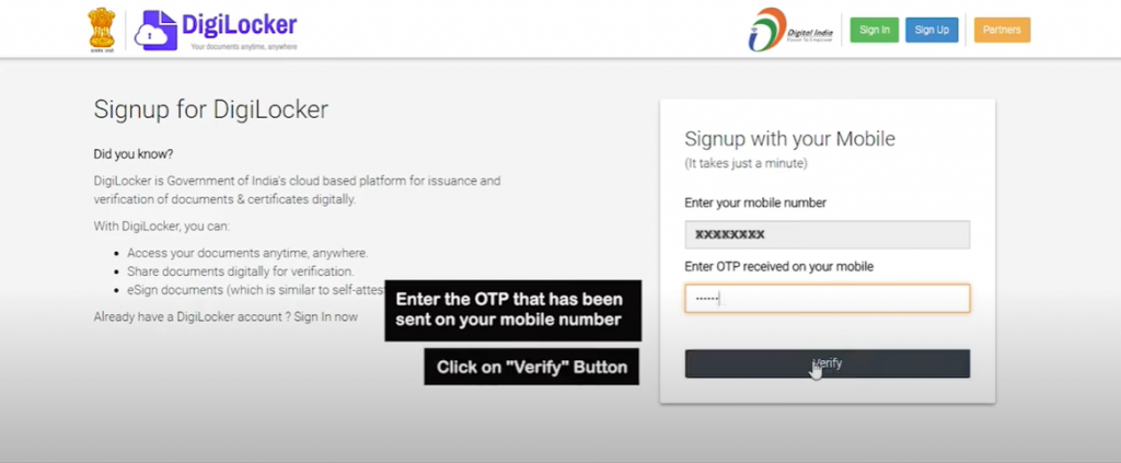 DigiLocker Sign up step 2