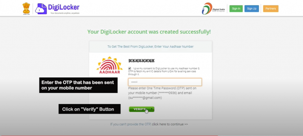 Link DigiLocker with Aadhar step 2